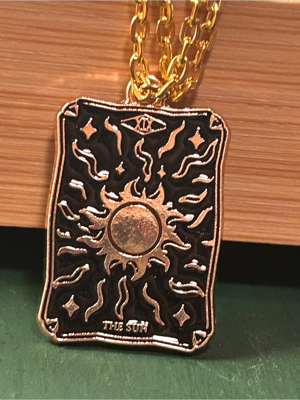 Gold-tone Sun Tarot Card Pendant Necklace - Black & Gold